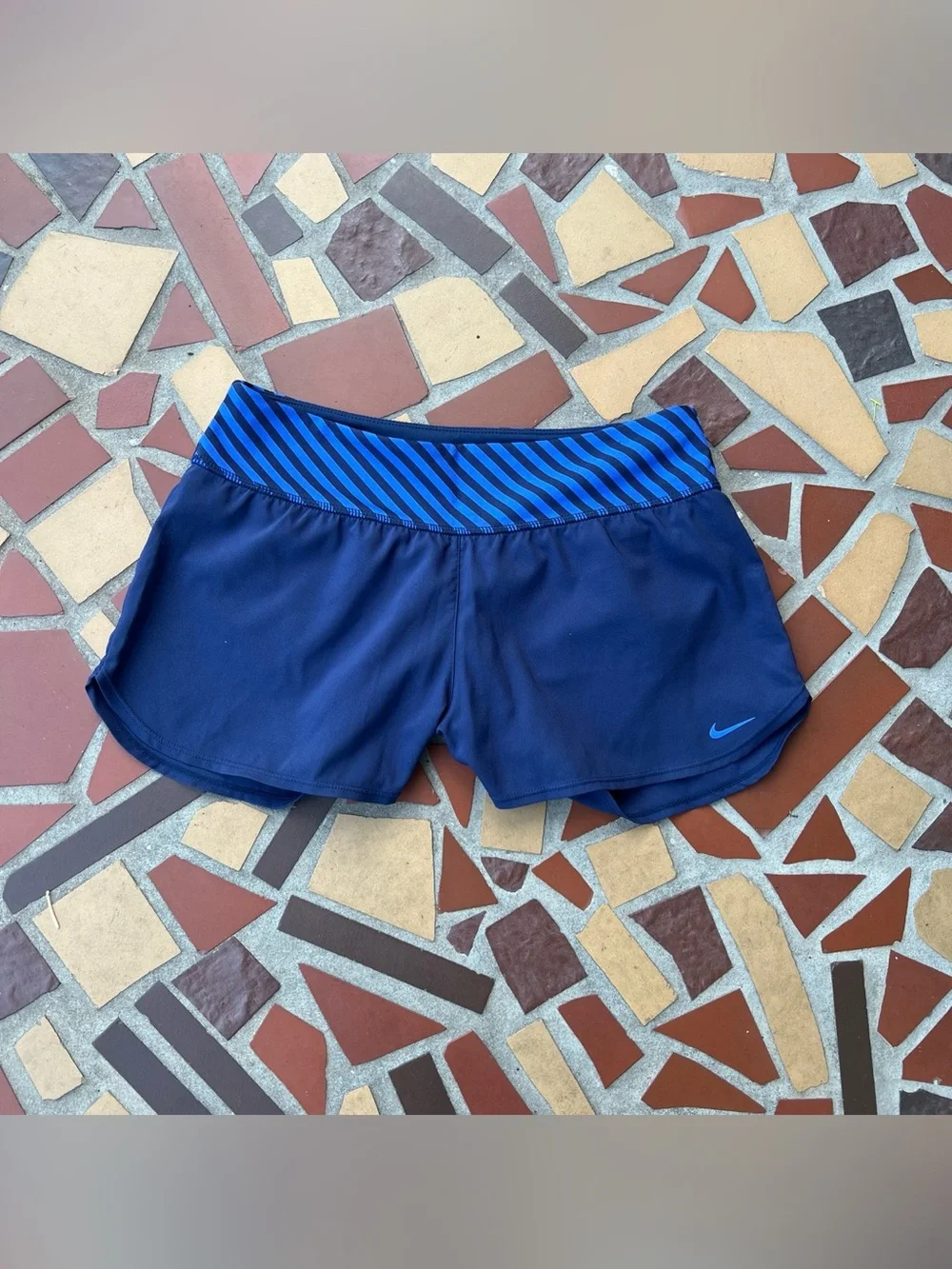 Nike Women's Navy Athletic Shorts with Blue Striped Waistband